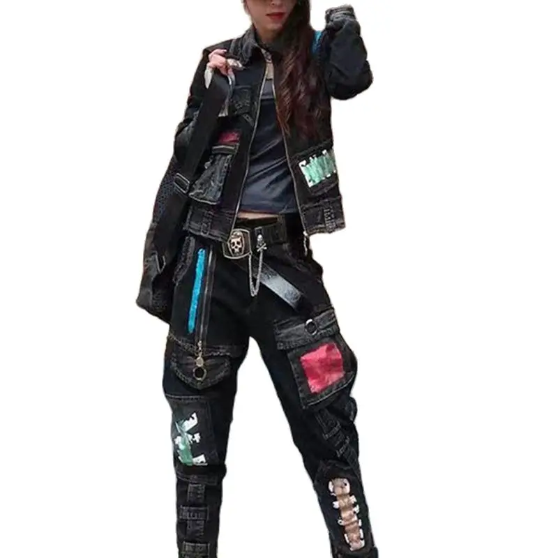 2022 Punk Denim 2 Piece Set Women Tracksuit Long Sleeve Jacket Top Pants Suit Streetwear Matching Sets Streetweaar Outfits XC194