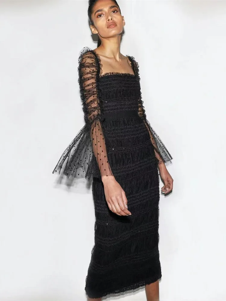 2022 Winter Women Long Sleeve V Neck Mesh Transparent Black Mini Bodycon Sexy Bandage Dress Elegant Evening Club Party Dress