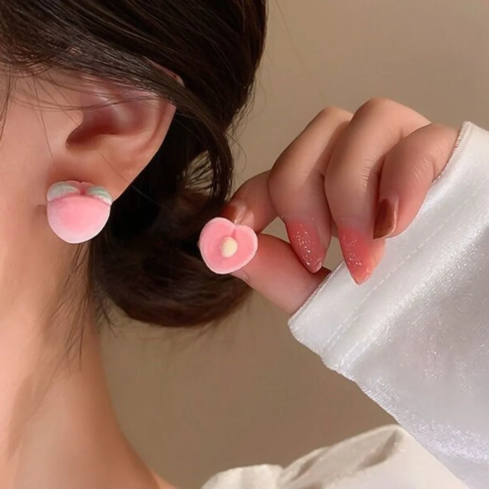 

Girly Sweet Pink Peach Ear Stud for Women Kawaii Flocking Fruit Ear-rings Cute AB Asymmetrical Earrings Charm Girl Jewelry Gifts