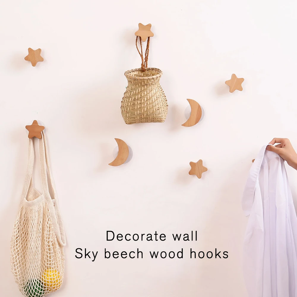 

Nordic Solid Wood Decorative Hooks Stars and Moons Wall-mounted Seamless Coat Hooks Perforated Wooden Porch Wall Coat Hooks