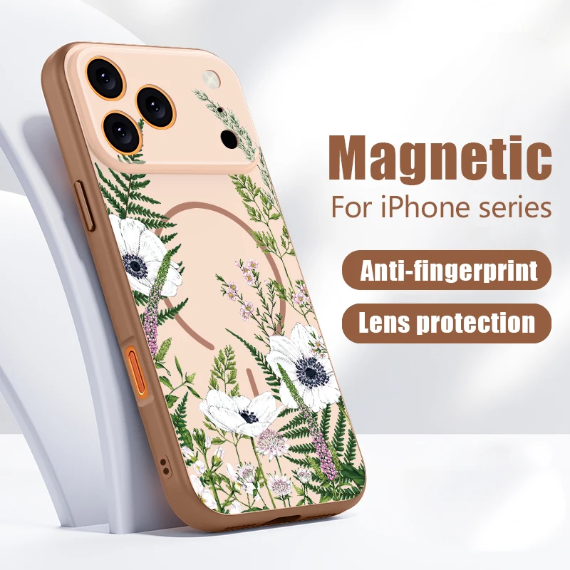 Фото Чехол INS с рисунком белых цветов для iPhone 17 Pro Max, магнитный, для Magsafe, тонкий матовый чехол для iPhone 16 15 14 13 Pro Max №2