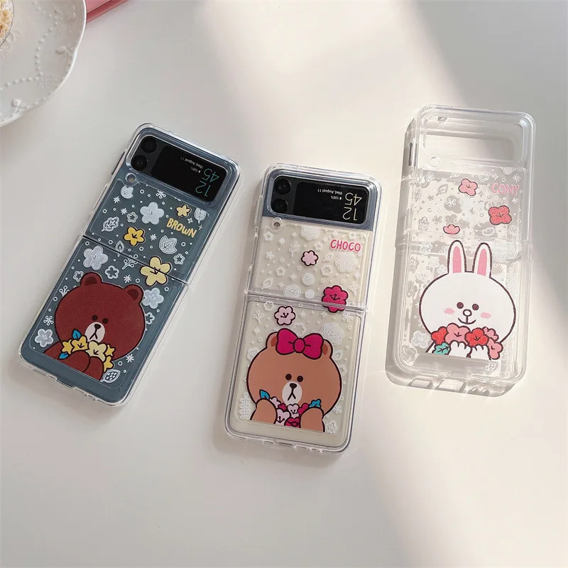 

Fashion Korean Cartoon Bear Rabbit Transparent Phone Case for Samsung Galaxy Z Flip 3 Hard PC Back Cover for ZFlip3 Case Shell