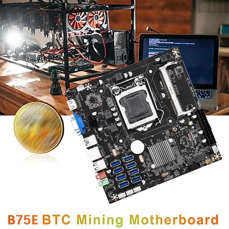 B75E 8 Card BTC Mining Motherboard+CPU+Cooling Fan+Switch Line+SATA Cable B75 Chip 8 USB3.0 Ports LGA1155 DDR3 RAM MSATA images - 6