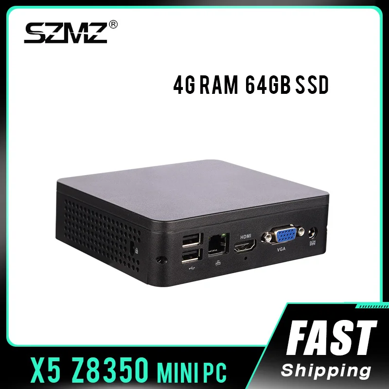 SZMZ MINI PC X5 Z8350 1.92GHz 4GB RAM 64GB SSD Wnidows 10 Linux Support 2.5 Inch HDD, VGA&HDMI Dual Output, WIN10 TV BOX