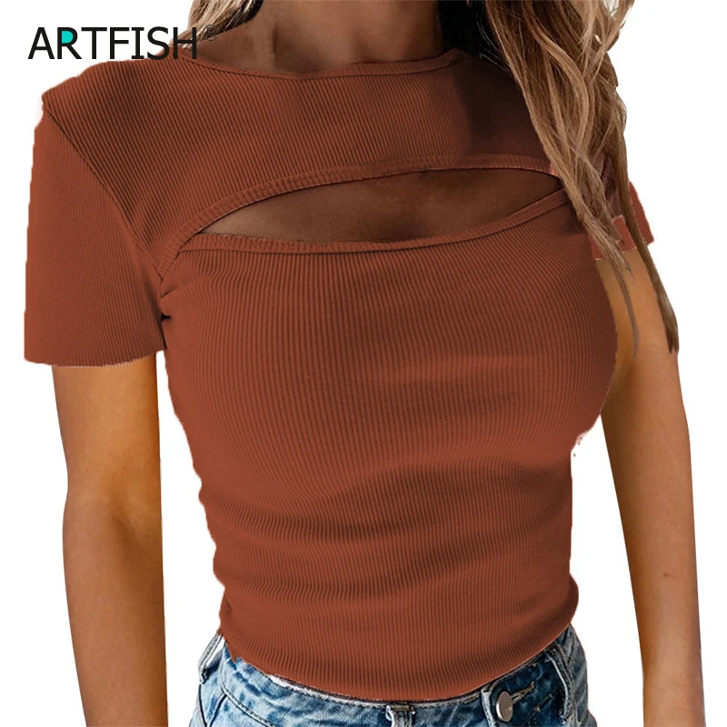 

Fashion Korean Knitted Khaki White Summer Women Tops Sexy Regular Solid Female Ribbed Tops Tees Hollow Out Lady T-shirts G2090