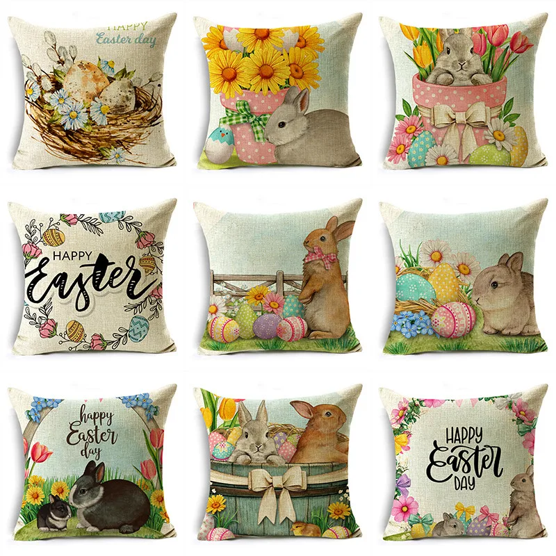 

MRL Easter Flowers Rabbit Easter Egg Printing Cushion Cover Pillowcase for Sofa Indoor Bed Decor 40/45/50cm