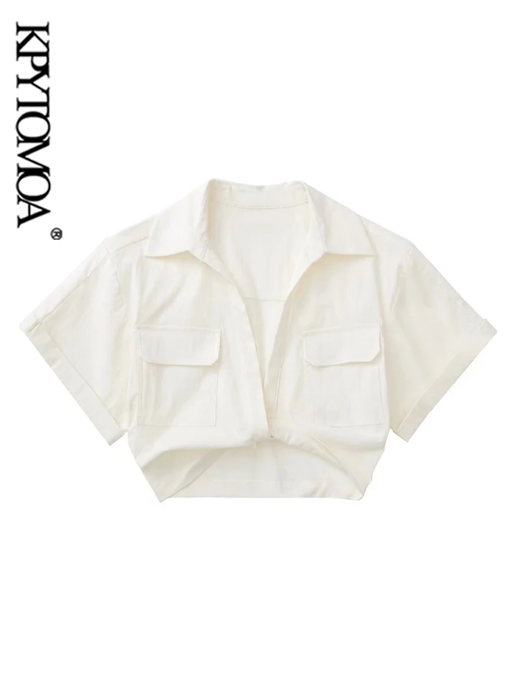 

KPYTOMOA Women Fashion Front Knot Elastic Linen Cropped Shirts Vintage Short Sleeve Patch Pockets Female Blouses Blusa Chic Tops