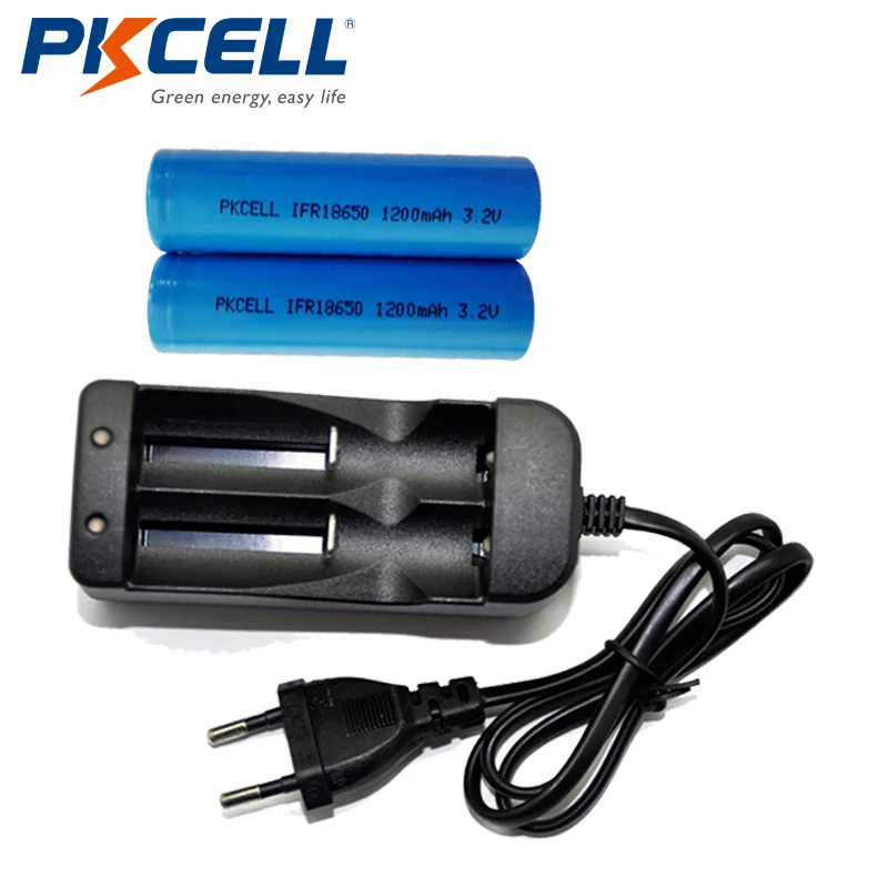 

2 шт., аккумуляторы PKCELL IFR 18650 LiFePO4, 1200 мАч, 3,2 в, IFR18650, литий-ионные аккумуляторы + умное зарядное устройство с 2 слотами LiFePO4