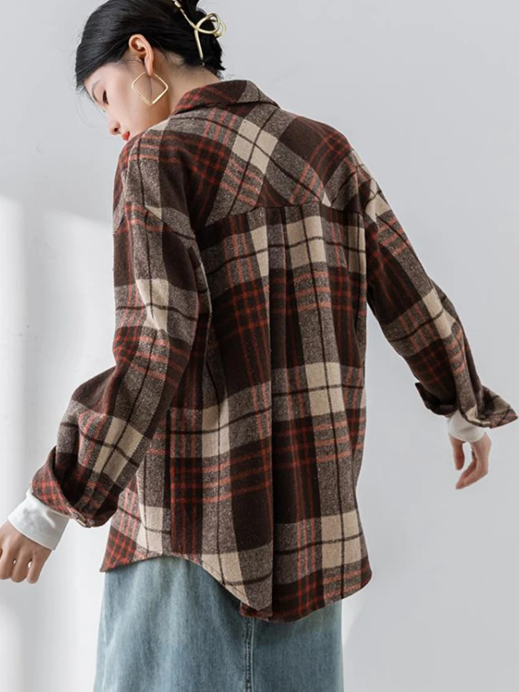 Клетчатая блузка в корейском стиле женская одежда винтажные блузки с карманами и