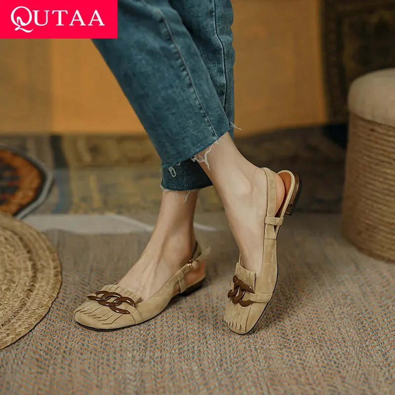 

QUTAA 2022 Square Toe Women Pumps Tassel Genuine Leather Female Shoes Slingback Summer Buckle Square Low Heels Size 34-39