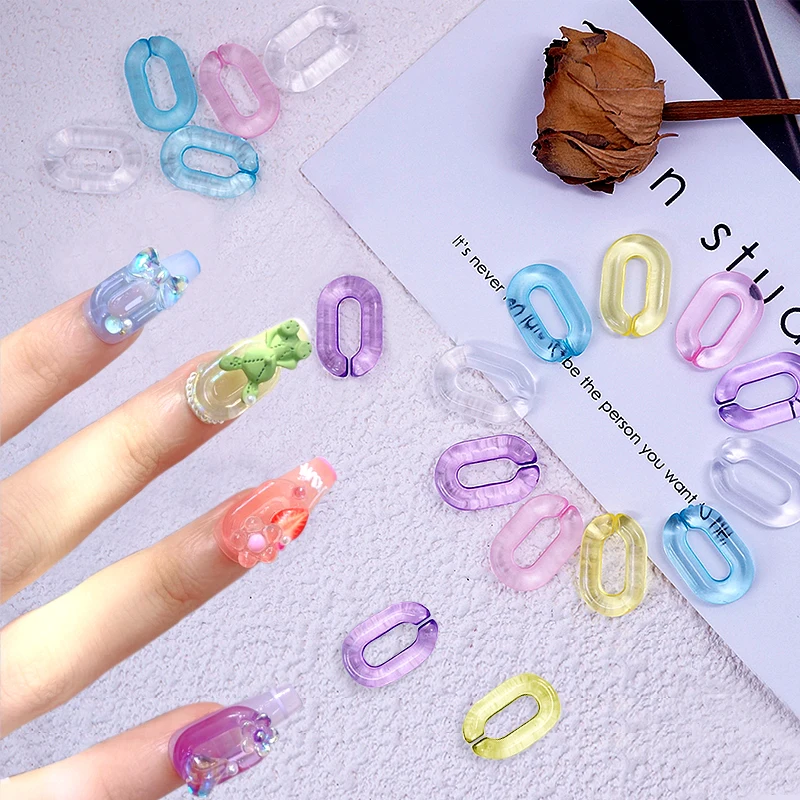 

50pcs Mixed Chain Nail Charms 3D Jelly Nail Art Charms Macaroon Colorful Acrylic Chains Opening Ring Nail Jewels Accessories