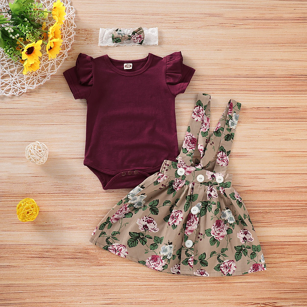 

Hibobi Children Girls 3-piece Burgundy Ruffle Bodysuit Suspender Skirt Headband Set Princess Dress Mesh Lace Dress