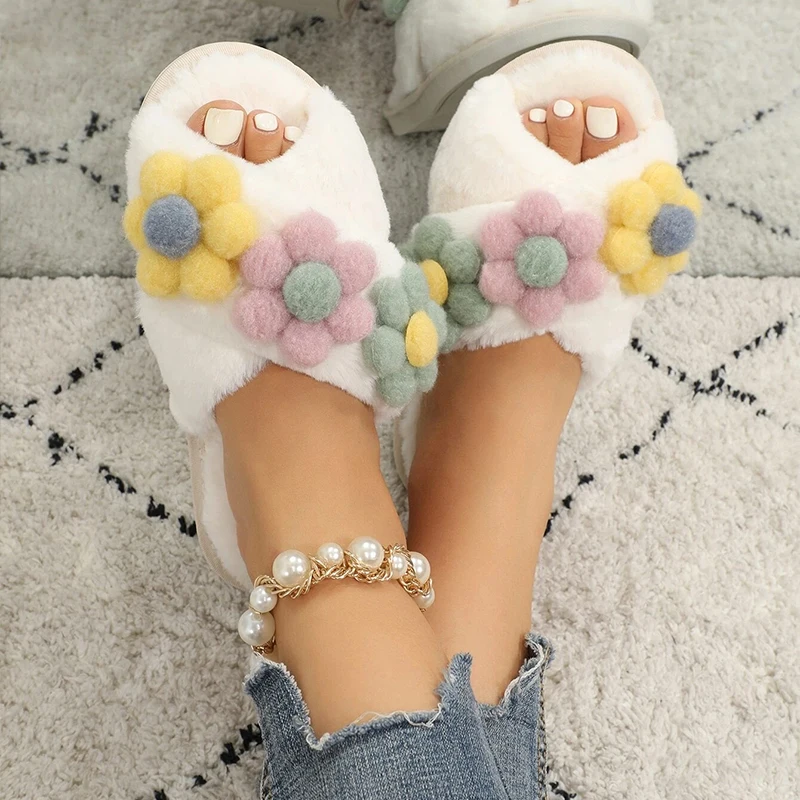 Winter Indoor Women Furry Slippers Warm Faux Fur Home Slides Flat Flower Docor Design Luxury Flip Flops House Non Slip slippers