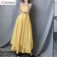 korean style super long dress elegant woman black yellow white irregular large swing suspender dresses for women 2022 traf