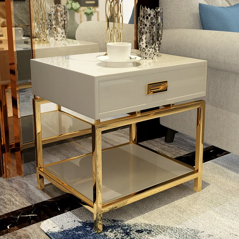 

Livingroom Small Iron Square Bedside Cabinet Luxury Stainless Nightstand Modern Minimalist Bedside Table Corner Cabinet Home