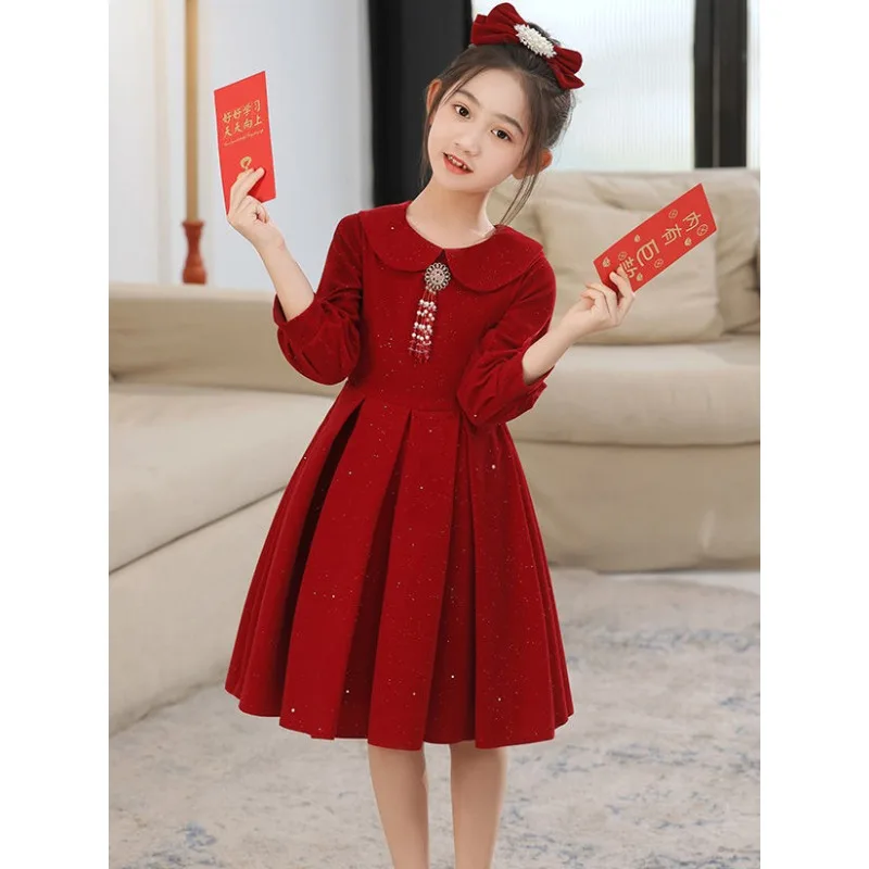 

Girls dress red high-grade velvet skirt children's skirt New Year's dress birthday dress plus fleece autumn and winter