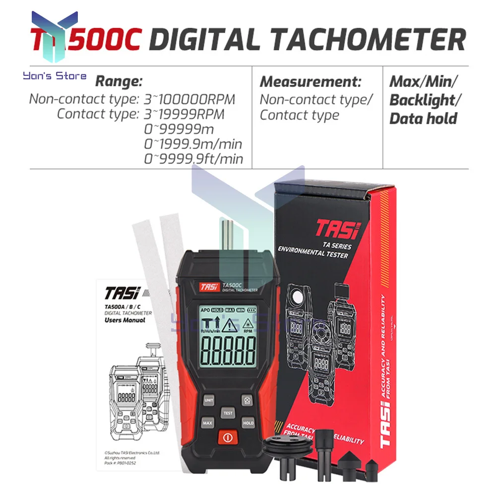 

Цифровой лазерный тахометр TA500C, 0,3 ~ 100000 об/мин, дисплей 9999 об/мин