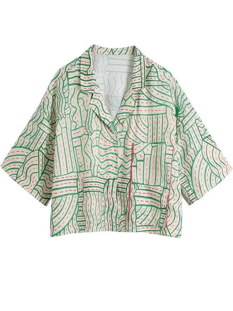 

ZXQJ 2023 модная женская пижама с принтом, повседневные блузки, винтажные женские рубашки с коротким рукавом, блузы, шикарные топы