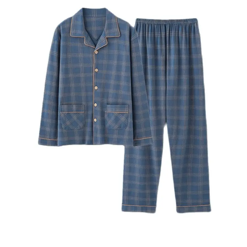 Хлопковая пижама, Мужская весенне-осенняя хлопковая Тонкая Клетчатая повседневная одежда для дома с длинными рукавами, Мужская одежда для сна
