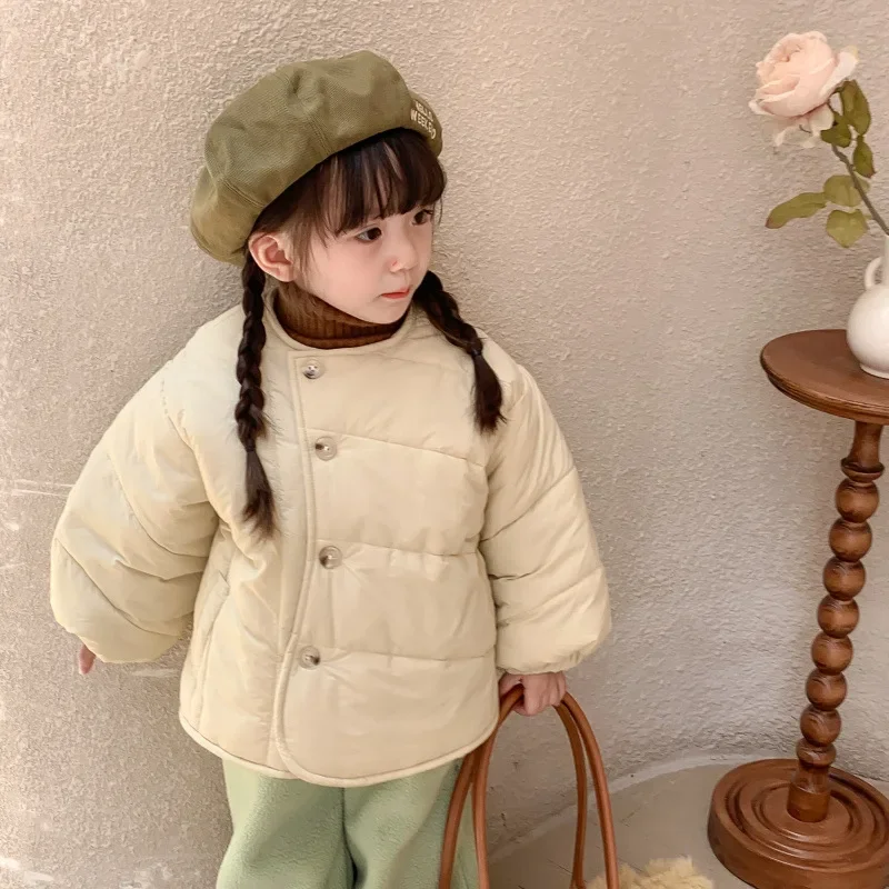 

Парки для девочек, хлопковое пальто, зимнее плотное бархатное пальто для малышей, корейская детская одежда, свободная облегающая куртка с круглым воротником