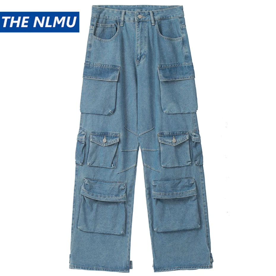 Multi Pockets Baggy Jeans Men Y2K Streetwear Harajuku Loose Jeans Fashion Hop Hop Tactical  Cargo Denim Pants Black Blue