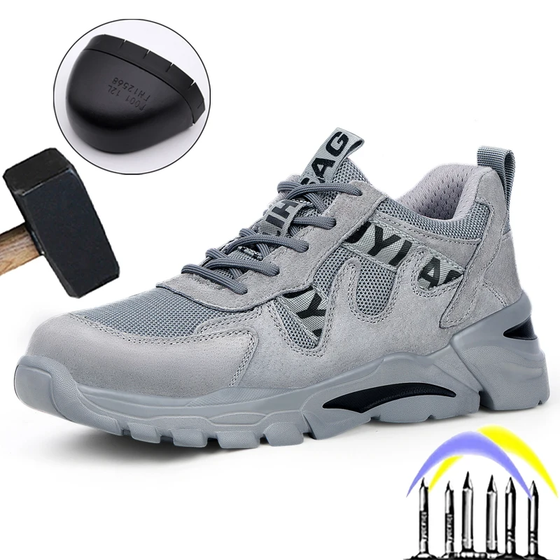 

Grey Breathable Safety Shoes Lightweight Work Sneakers Male Steel Toe Shoes Indestructible Puncture-Proof Protective Shoes 2022