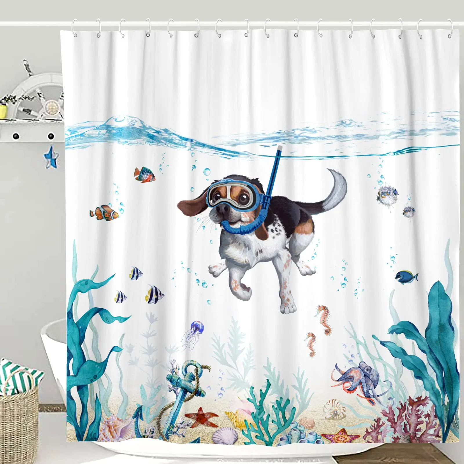 

Funny Dog Shower Curtain Blue Ocean Shower Curtains with Animal Octopus Starfish Turtle Anchor Fish Nautical Bathroom Curtains