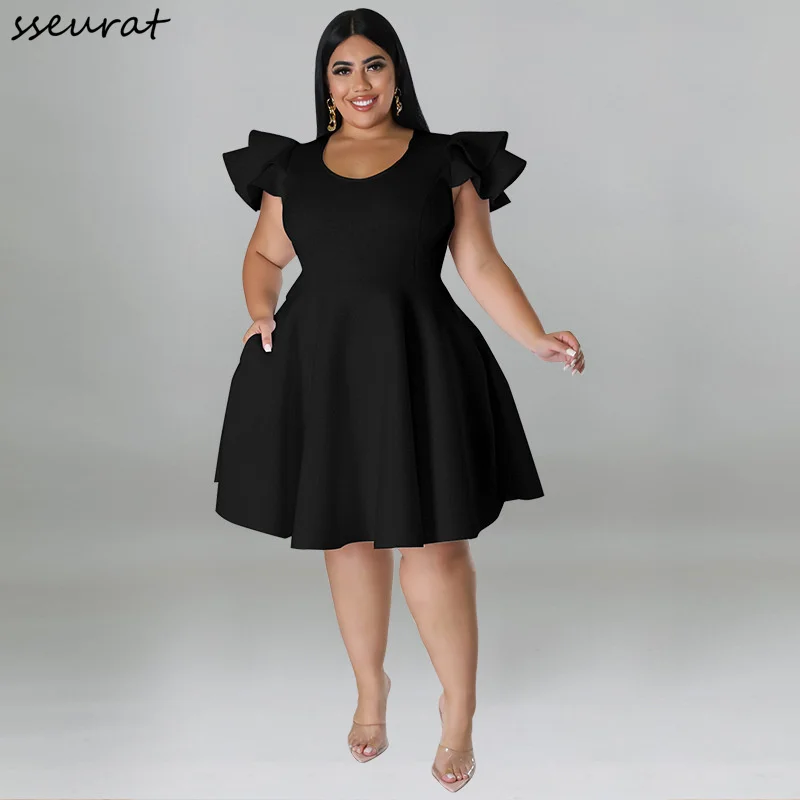 

Women Ruffle Sleeve High Waist Big Swing Casual Knee Length Dress 2022 Summer Plus Size Dresses