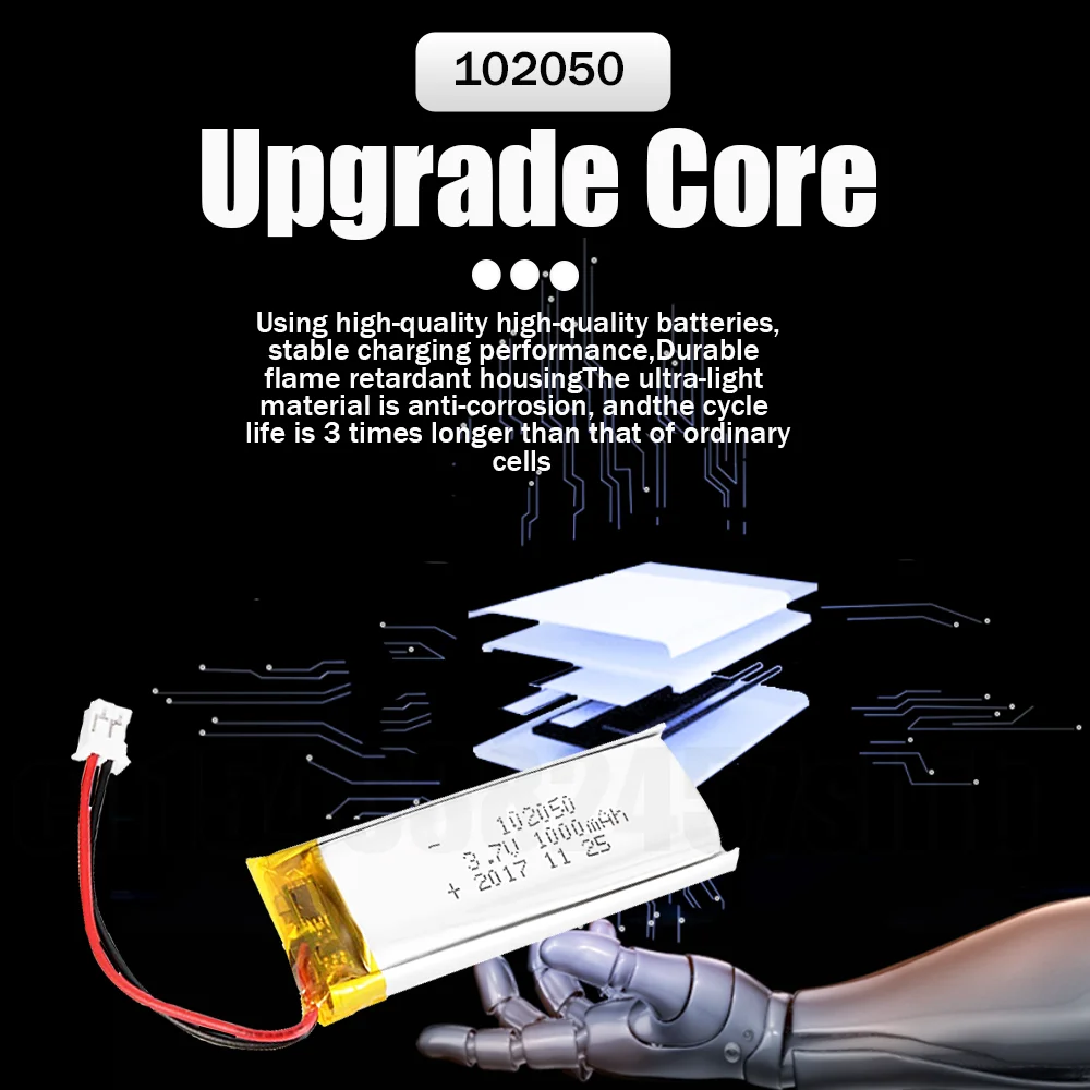 102050 3.7V 1000mAh Lithium Polymer Rechargeable Battery With PCB For MP3 GPS Recording Pen LED Light Bluetooth Headset Speaker - купить по