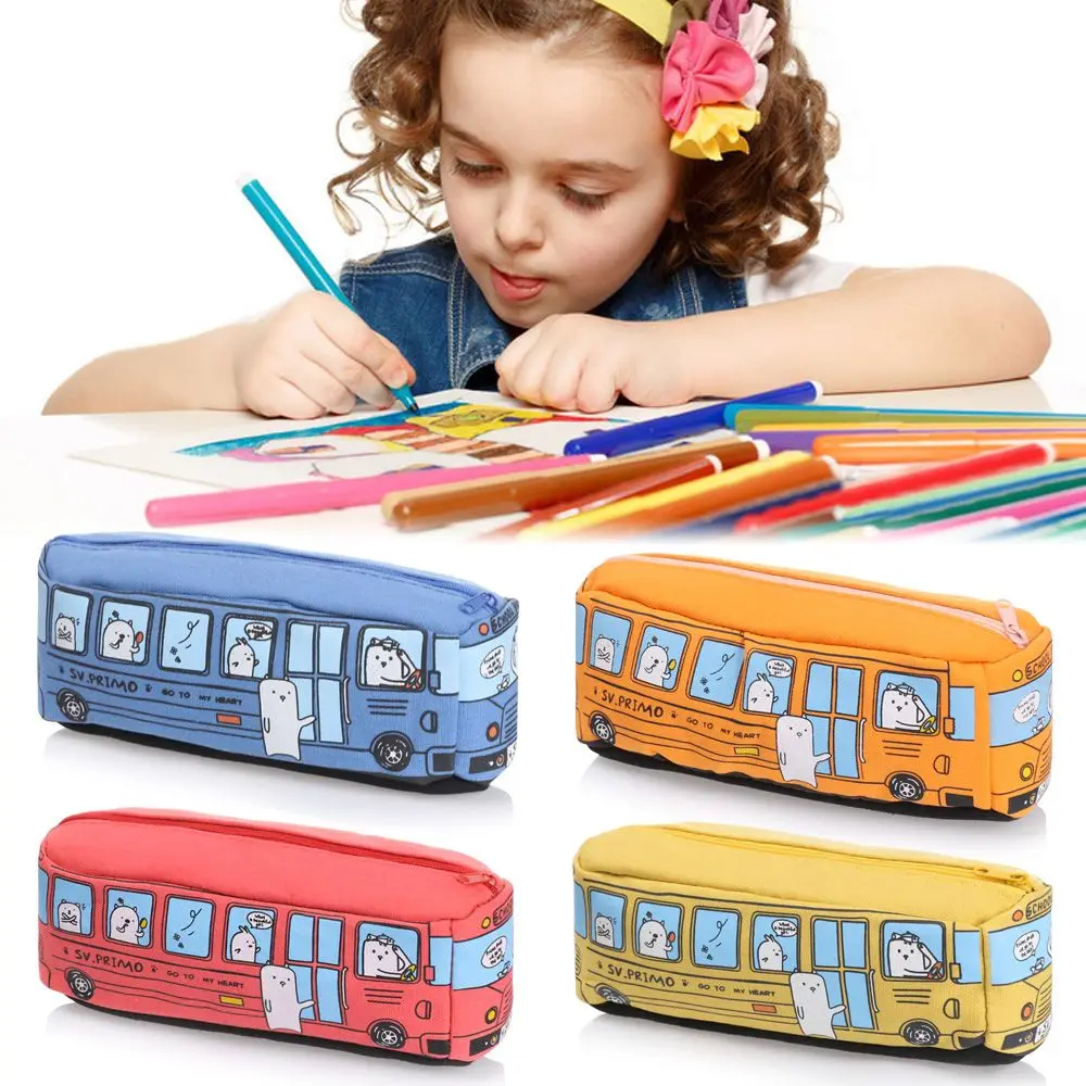 

New Creative Cartoon Animal Stationery Large Capacity Canvas Car Bus Pencil Case Pencil Bags