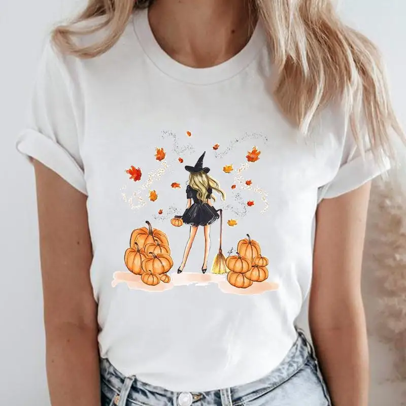 

Women Witch New Pumpkin Autumn O-neck Fall Halloween Thanksgiving Cartoon Tops Tees Graphic T-Shirt Tshirt Clothes