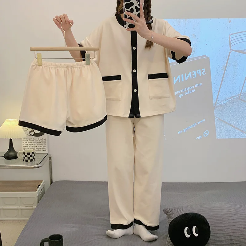 Yasuk Spring Autumn Summer Women's Casual Soft Cotton Sleepwear Pajamas Set With Long Short Pants Splicing Simple Sweet Girl 3Pc