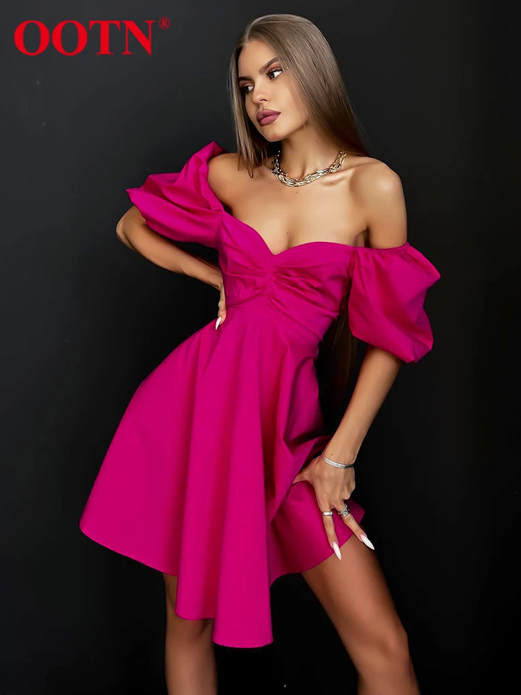 

OOTN розово-красные Летние Элегантные мини-платья с квадратным вырезом, женское вечернее платье с пышными рукавами, ТРАПЕЦИЕВИДНОЕ классичес...