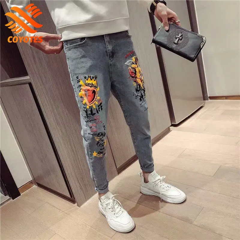 

COYOTE Ripped Jeans Men's Skinny Jeans Hip Hop Denim Pencil Pants Black Tight Korean Fashion Jeans Spring Slim Man Trousers