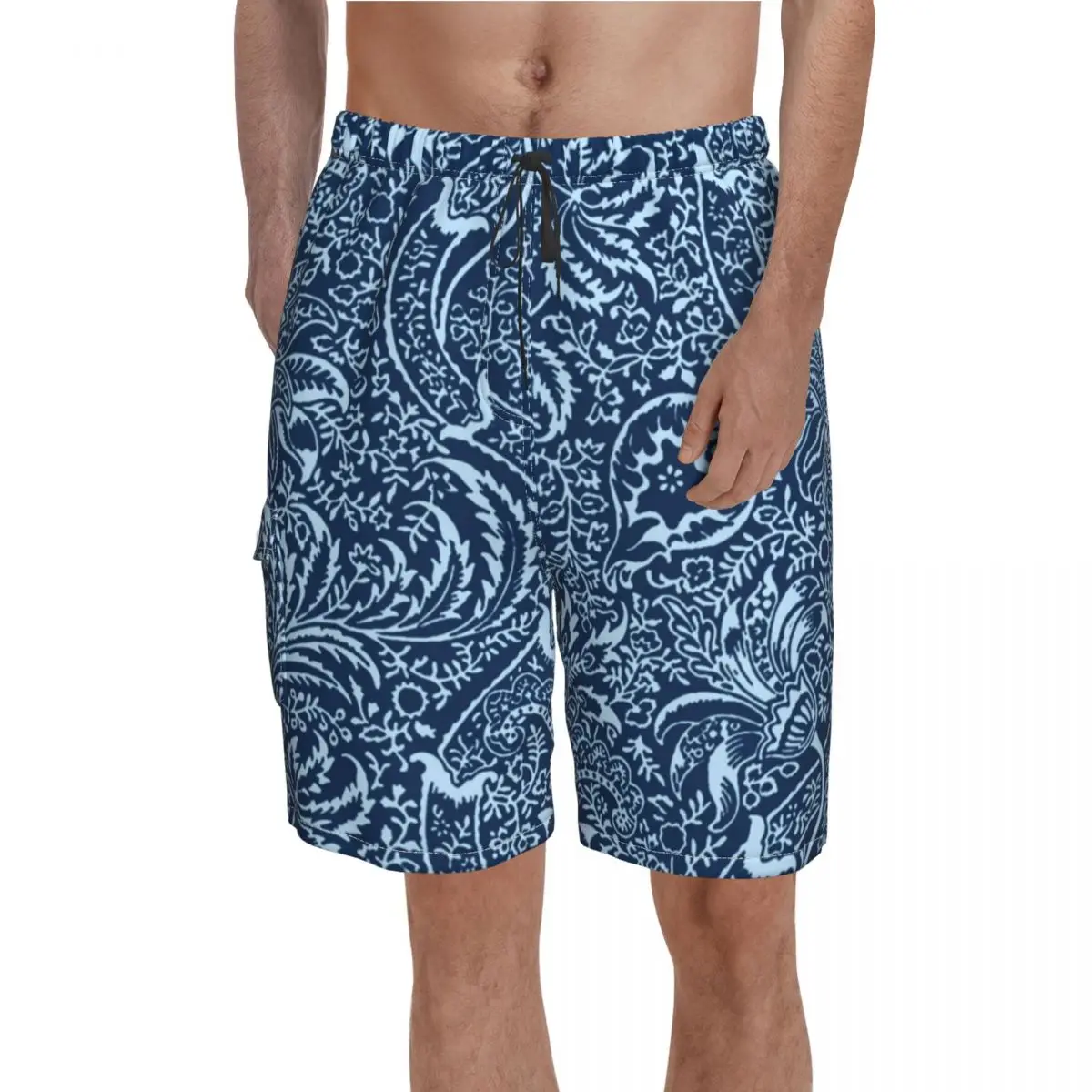 

William Morris Fabric Board Shorts Indian Dark Indigo Blue Beach Short Pants Elastic Waist Cute Customs Swim Trunks Plus Size