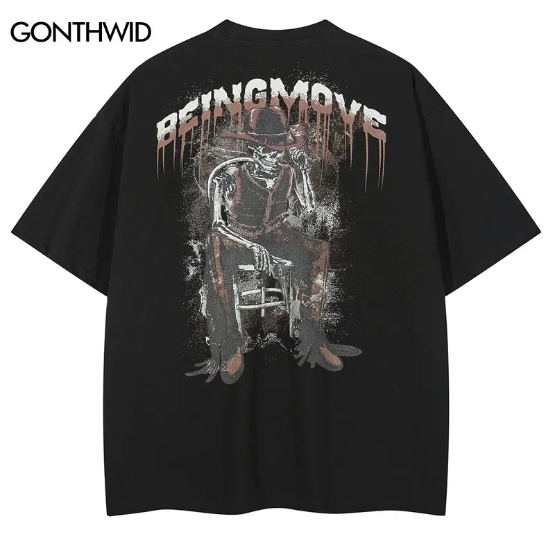 

2022 Punk Streetwear Black T-Shirt Mens Hip Hop Skull Cowboy Print Gothic Cotton Tshirt Harajuku Casual Short Sleeve T Shirt Top