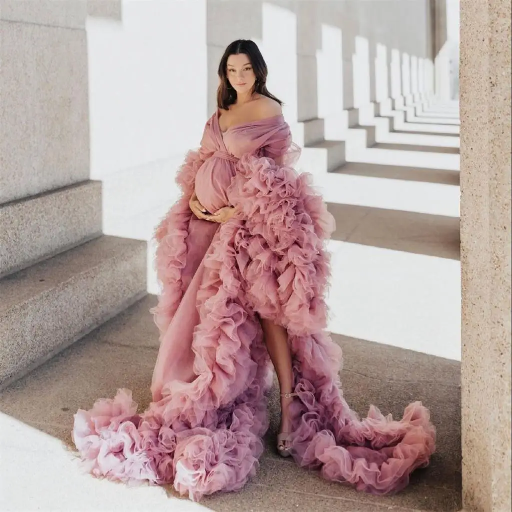 

Роскошные Длинные платья для выпускного вечера с Боковым Разрезом, модные халаты для беременных, одежда для вечеринки с тяжелыми оборками, ...