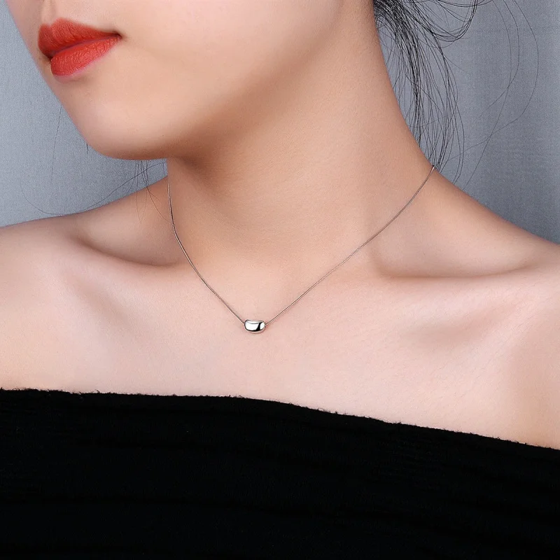 

925Sterling Silver Jequirity Bean Pea White Gold Color Girls' Necklace Chain Keel Chain Internet Celebrity Gift Lover's Wife