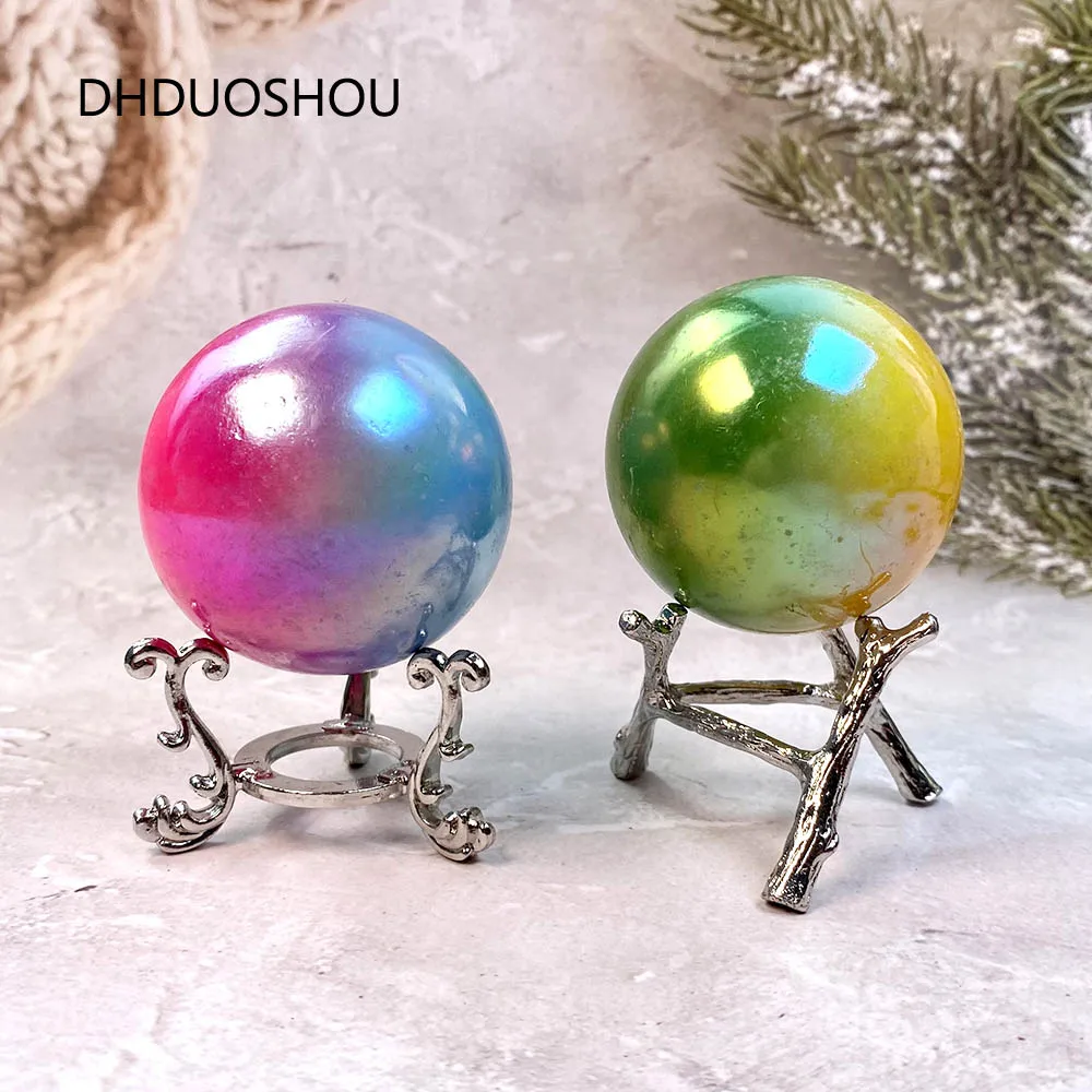 

1Pcs Aura Plating Sphere Crystal Ball with Stand White Jade Real Stones For Healing FengShui Meditation Chakra Home Decor Gift