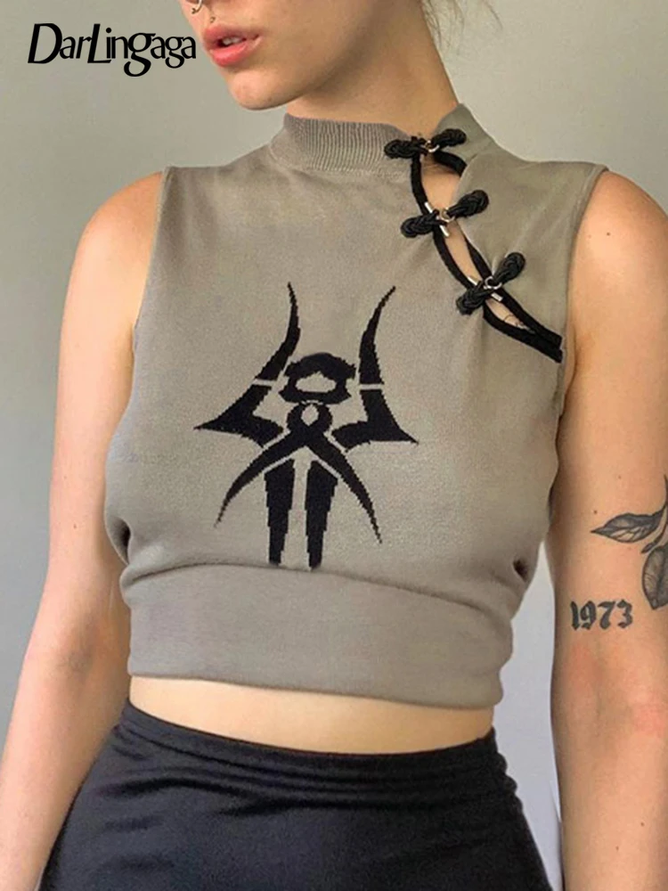 

Женский летний топ на пуговицах Darlingaga Mall, жилет в винтажном китайском стиле, облегающий укороченный топ 90-х, эстетическая одежда