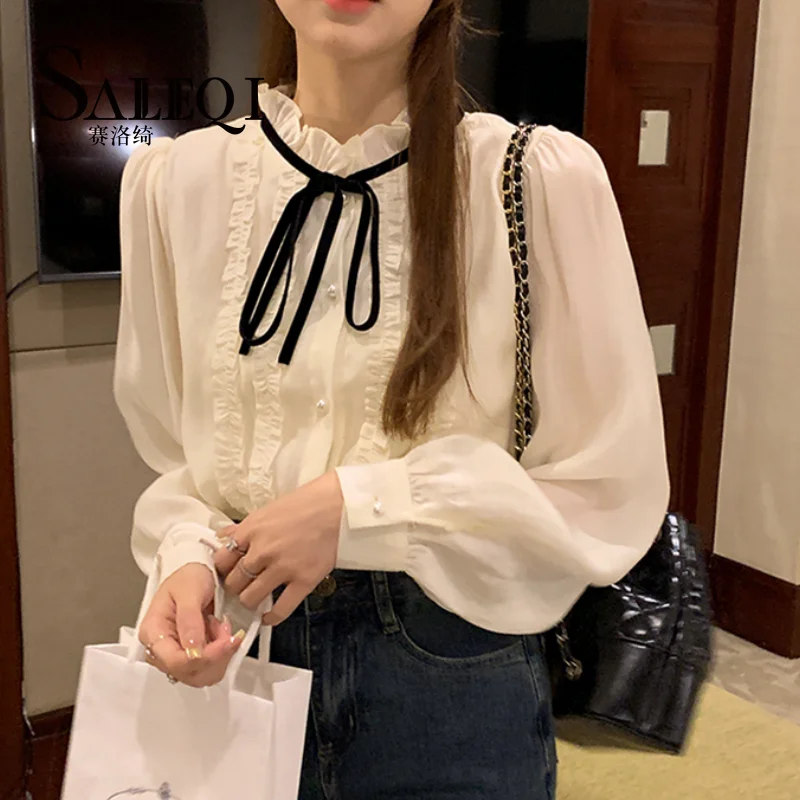 

Женская одежда, рубашка, Весенняя рубашка абрикосового цвета, корейская мода, винтажная Новинка 2023, Женский шикарный Повседневный пуловер с длинным рукавом, блузка, топы