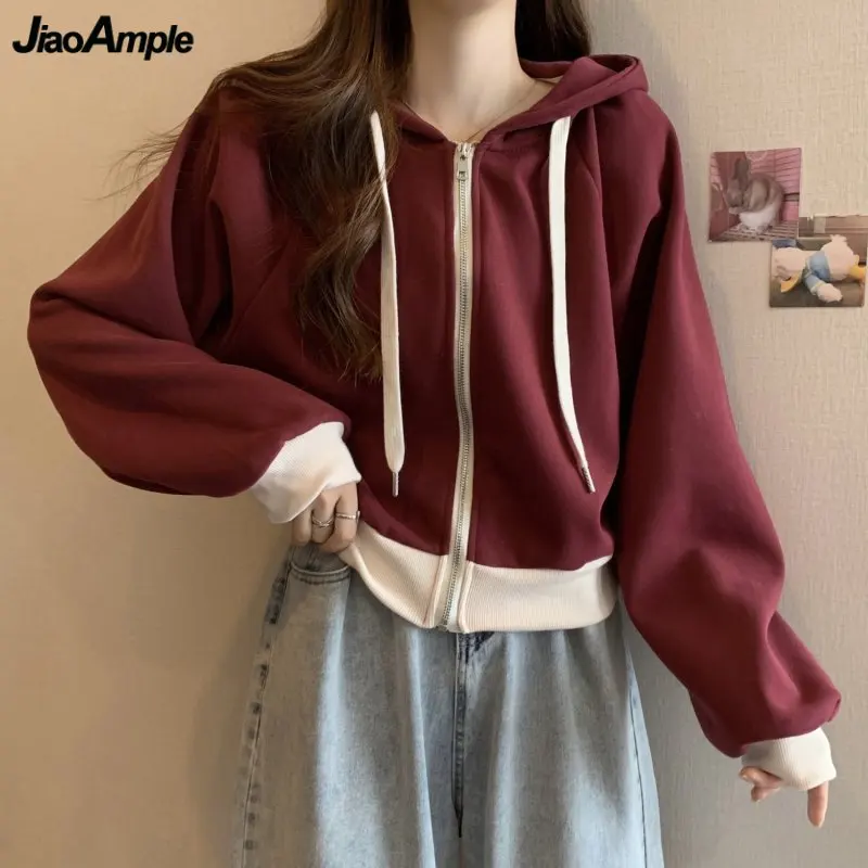 

Women's Autumn Winter Warm Velvet Sweatshirt Korean Lady Casual Loose Sports Hooded Jacket 2023 New Zipper Outerwear Female