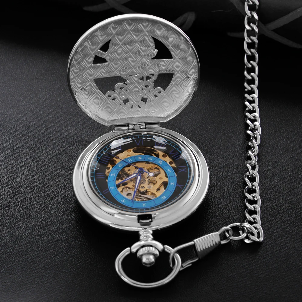 Silver Exquisite Moonlight Hollow Manual Mechanical Pocket Watch Men's Necklace Pendant Clock Vintage Gentleman Gift