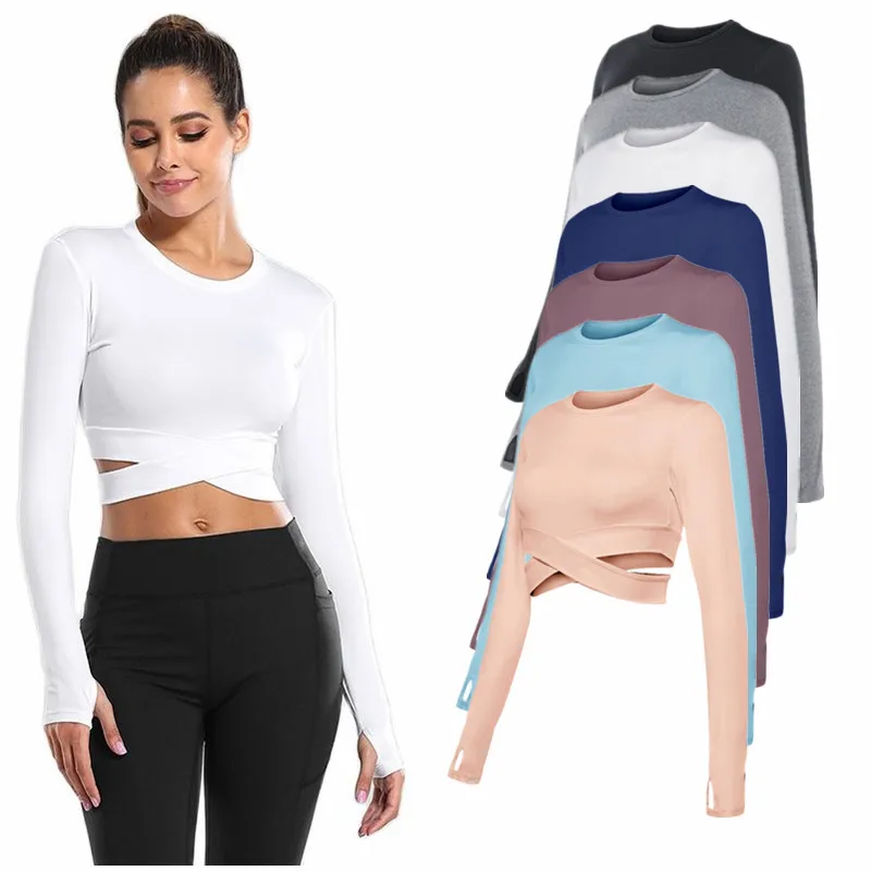 

Women Tight Yoga T-shirt Crop Waist Tops Sportswear Long Sleeves Gym Fitness Running Skinny Training Girl Sexy Bottom Clothes