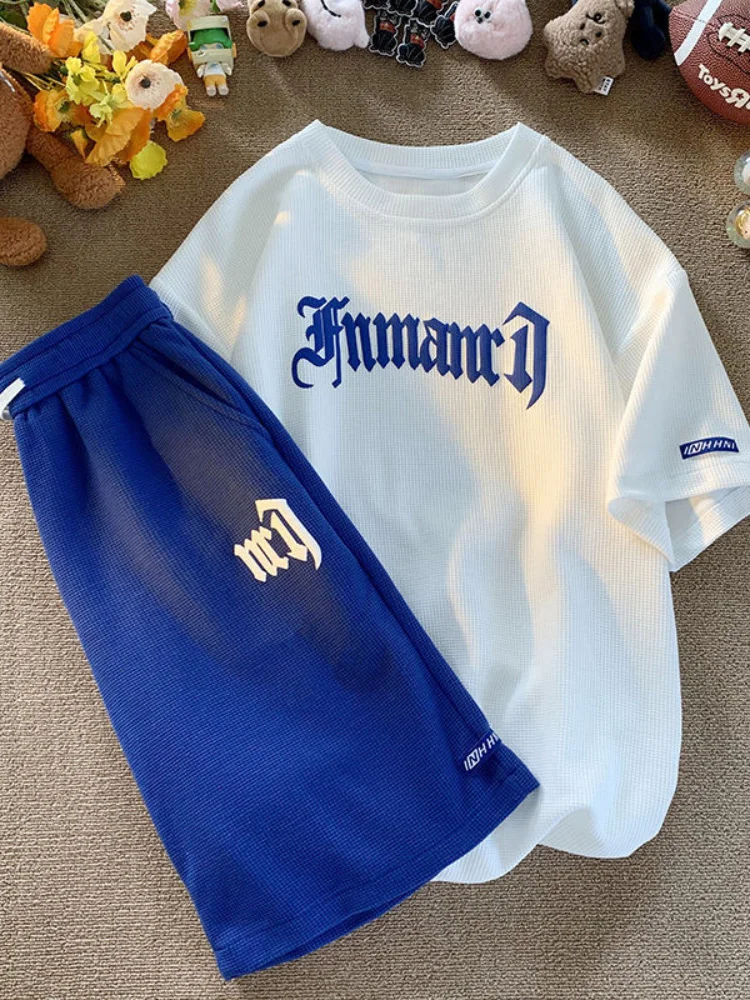 

Gmiixder Hip Hop Waffle Casual Suit Men Loose Korean Short-sleeved Shirt + Sports Shorts Summer Men Simple Letter Print 2pcs Set
