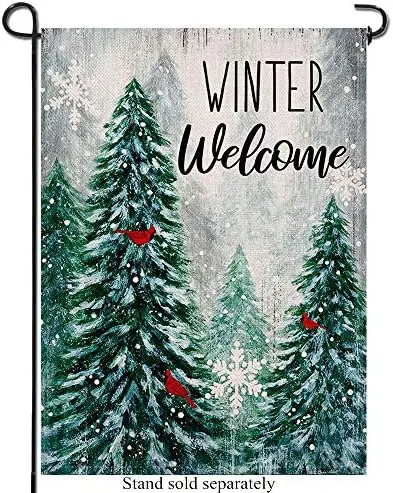 

Winter Welcome Decorative Garden Flag Pine Trees Snowy Forest Red Cardinal Birds House Yard Lawn Outdoor Burlap Flag Farmhouse