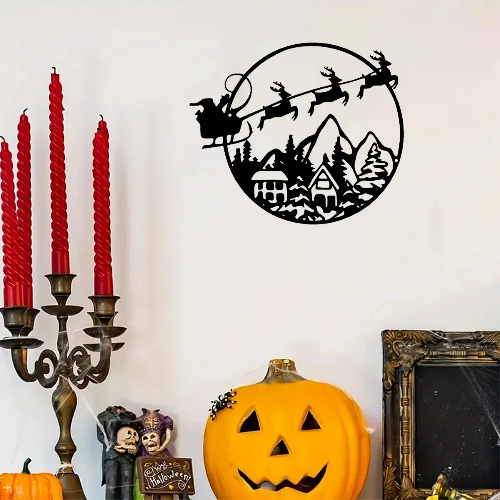 Дед Мороз олень сани автомобиль металлическая стена искусство-идеальное