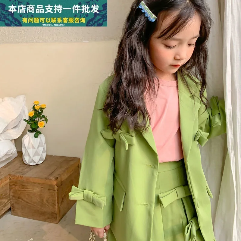 

Spring And Autumn Girls Casual Suit Bow Suit Pleated Skirt Girl Fashion Small Suit Jacket Skirt Two-Piece Korean Version