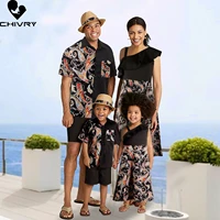 2022 summer family matching print clothing set mother and daughter dress father son lapel t shirt with shorts holiday party wear