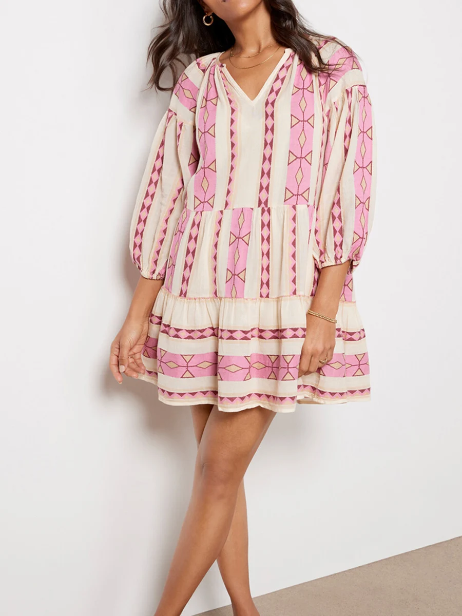 Женское летнее платье в богемном стиле свободное короткое пляжное с рукавом 3 4